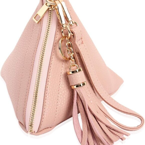 Handbags - Vegan Leather Wristlet Clutch Purse Pink Compact Detachable Strap Tassel